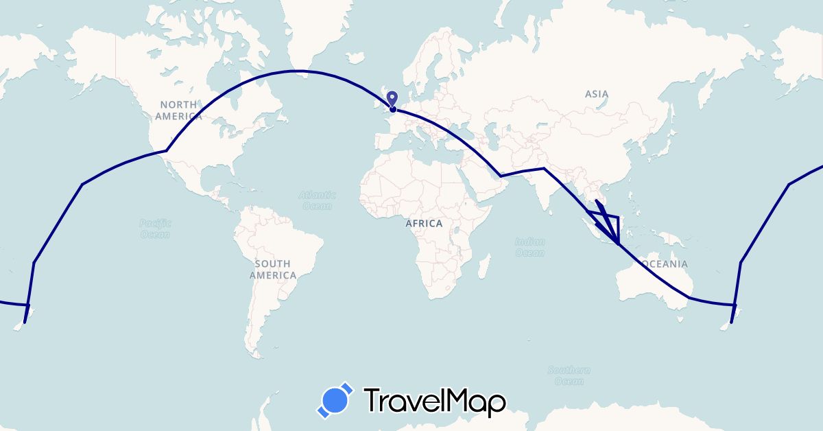 TravelMap itinerary: driving in United Arab Emirates, Australia, Brunei, Fiji, United Kingdom, Indonesia, India, Cambodia, New Zealand, Singapore, Thailand, United States, Vietnam (Asia, Europe, North America, Oceania)